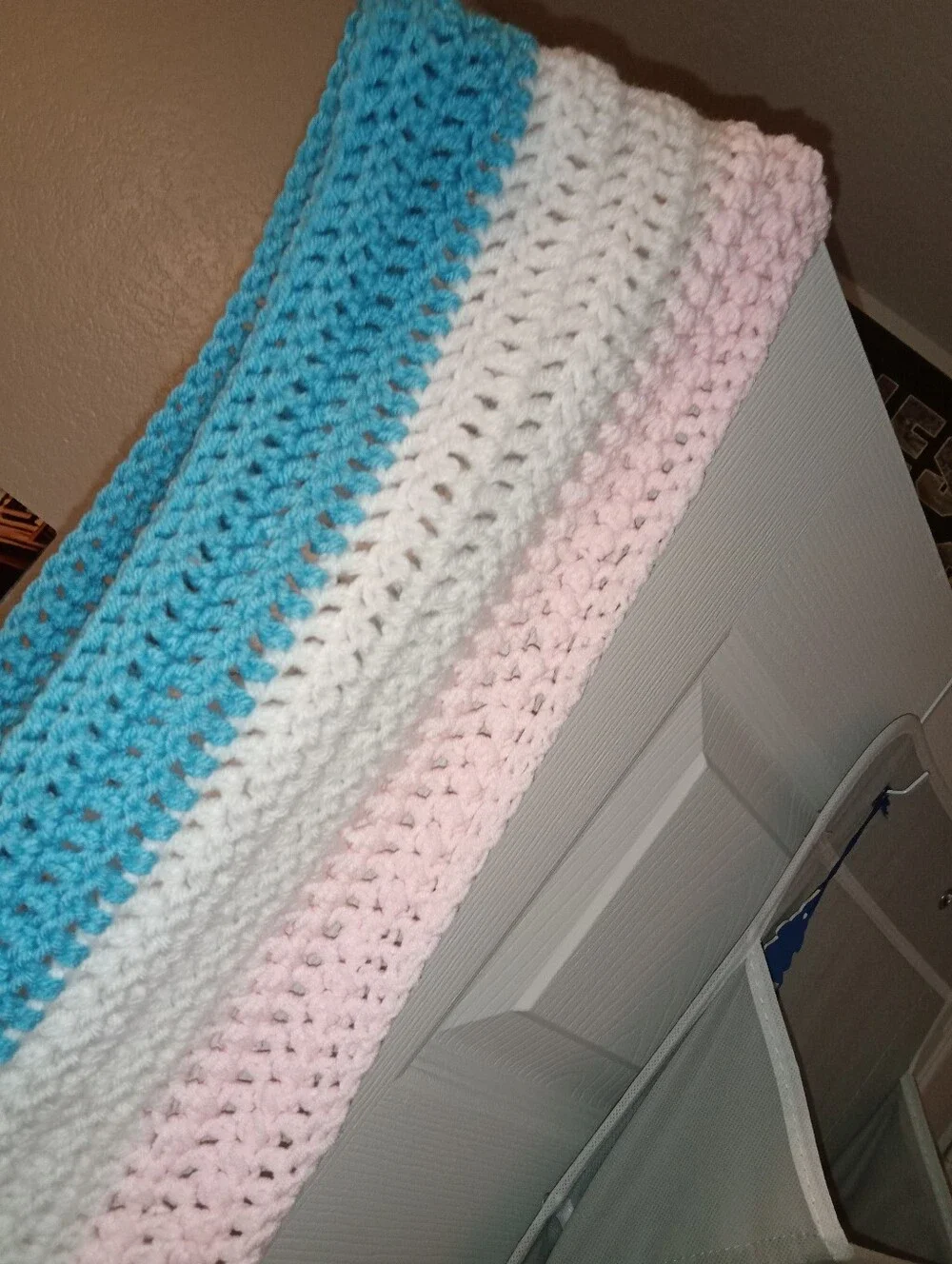 Handmade Kids Crochet Scarf - Blue, White & Pink